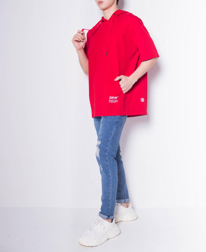 Men Oversized Short-Sleeve Sweatshirt Hoodie - Red - H0M679