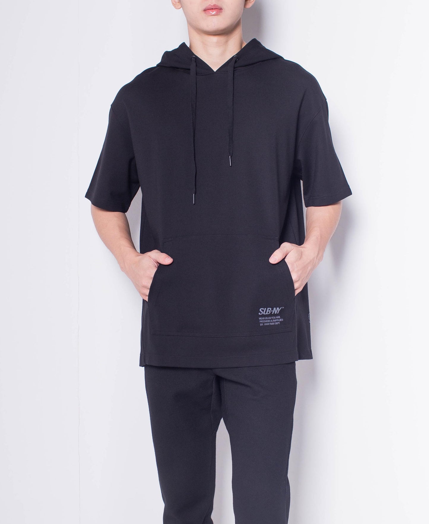 Men Oversized Short-Sleeve Sweatshirt Hoodie - Black - H0M680