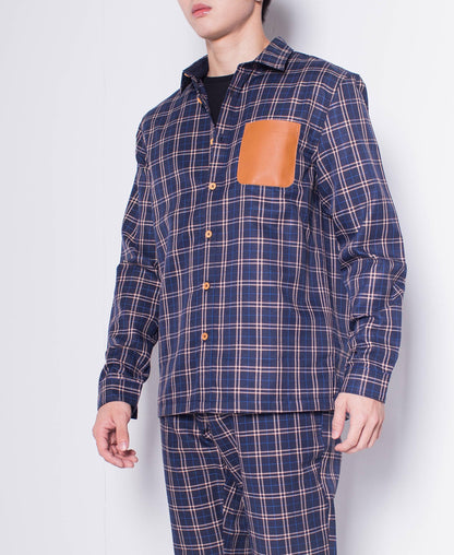 Men Long-Sleeve Checked Shirt - Navy - H0M638