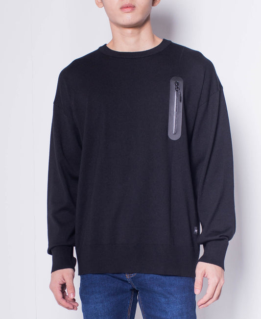 Men Round Neck Long-Sleeve Sweater With Zipper Pocket - Black - H0M657