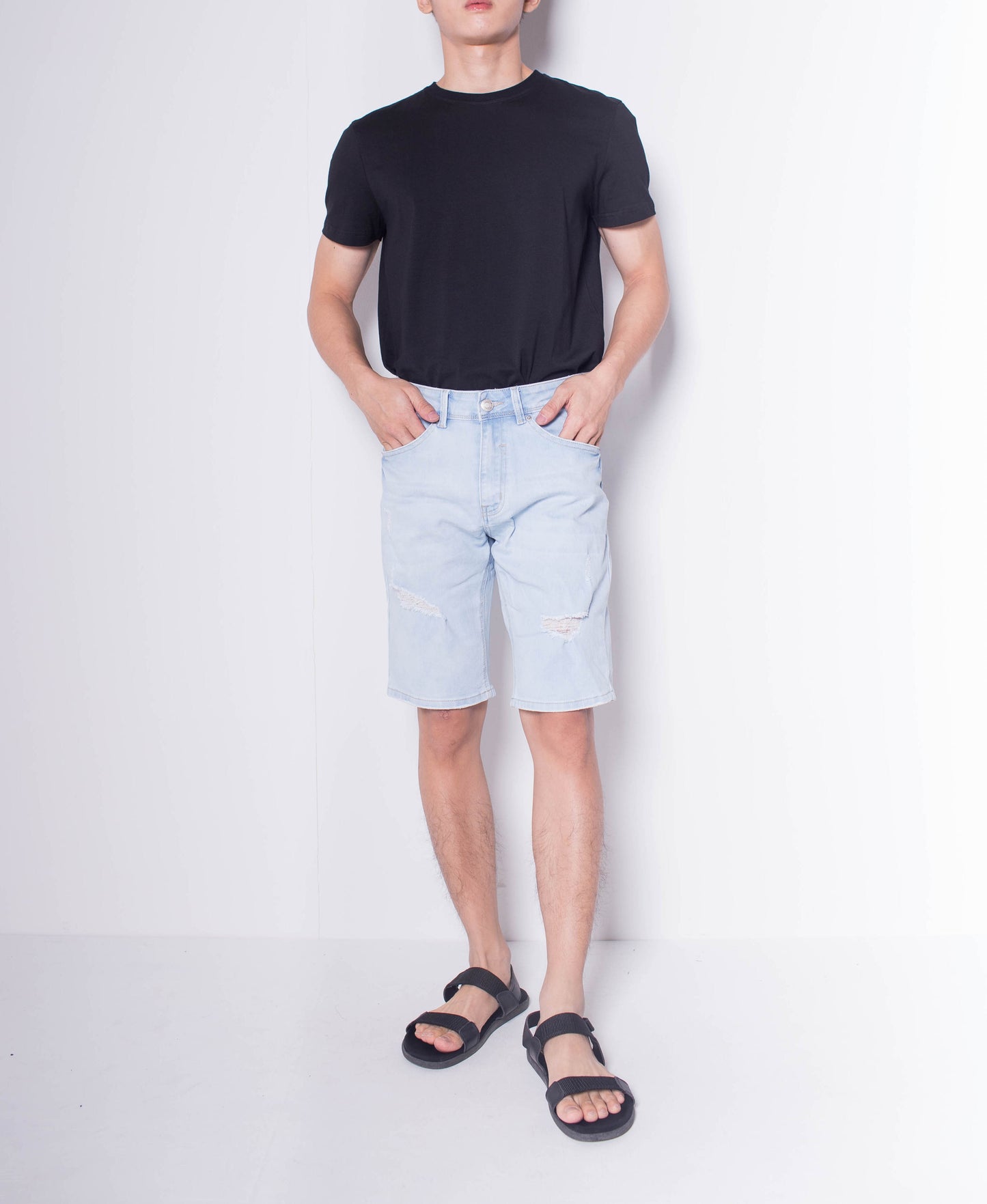 Men Ripped Short Jeans - Light Blue - H0M701