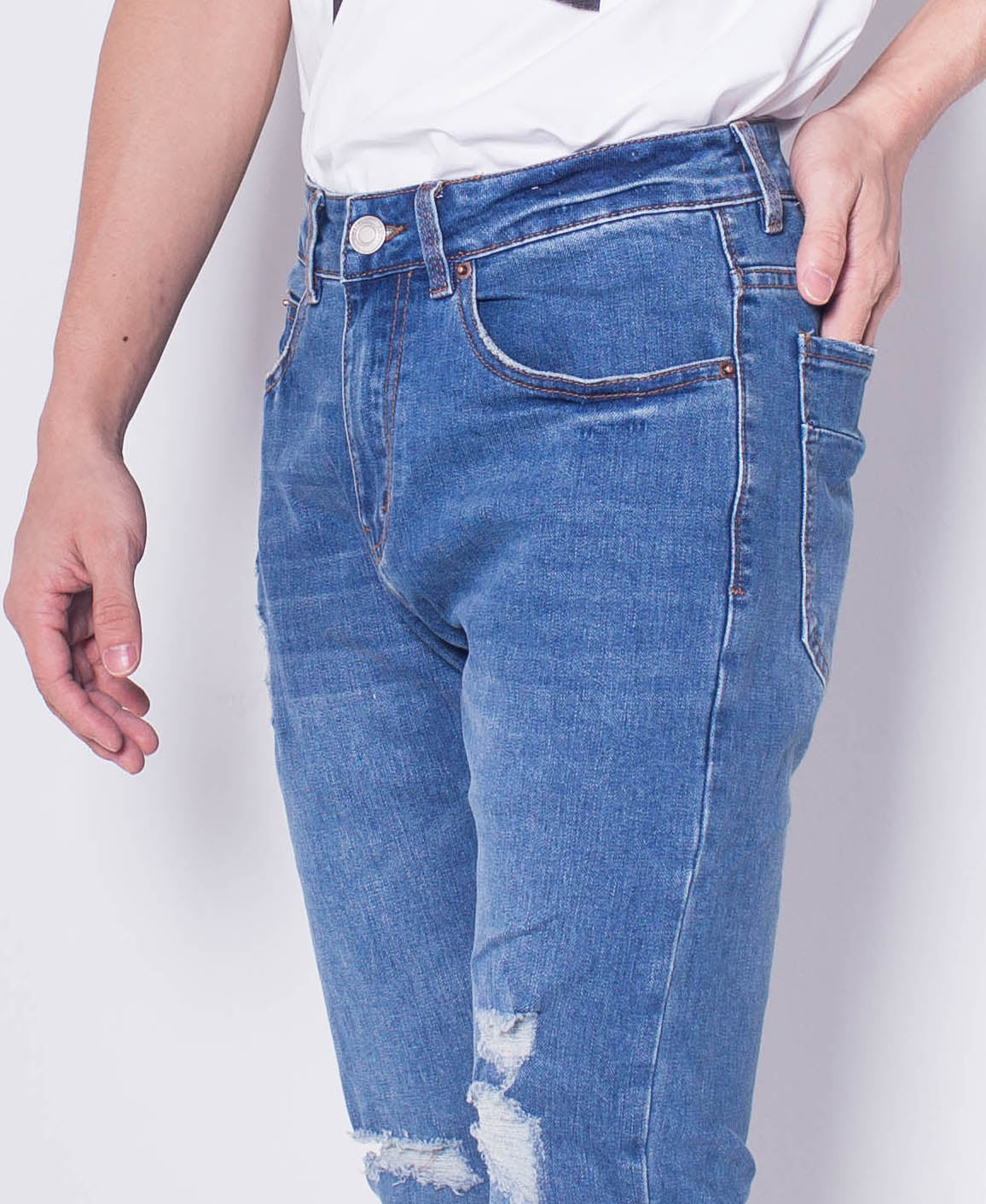 Men Skinny Ripped Long Jeans - Blue - H0M706