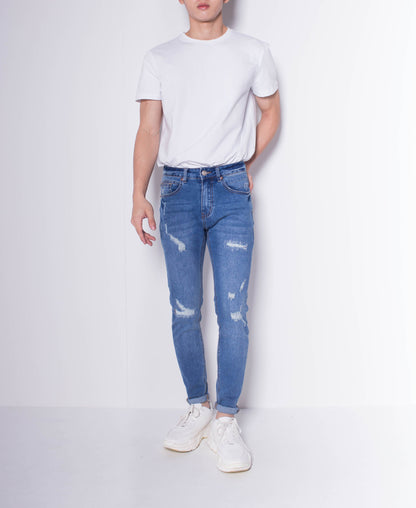 Men Skinny Ripped Long Jeans - BLUE - H0M704