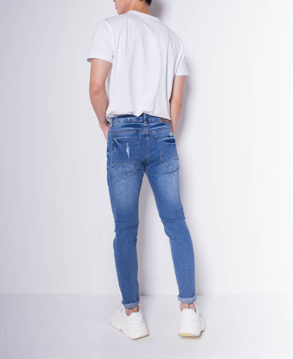 Men Skinny Ripped Long Jeans - BLUE - H0M704