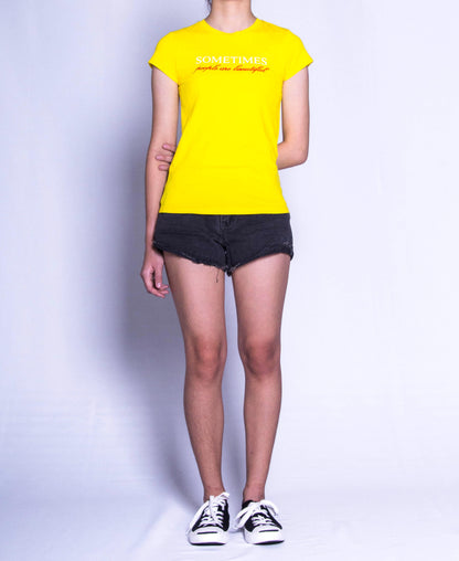 Women Short Sleeve Graphic Tee - Yellow - F9W195