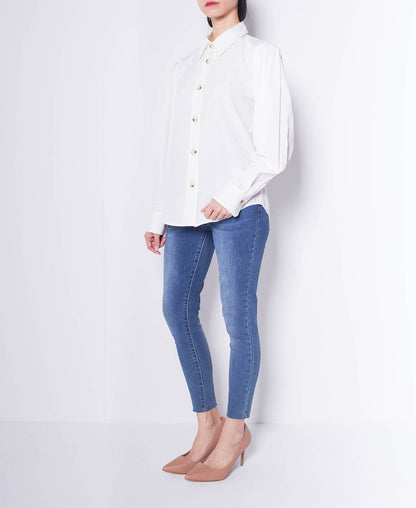 Women Pleated Long-Sleeve Shirt - White - H0W822