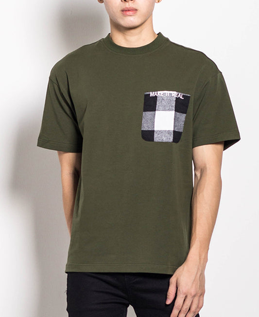 Men Oversized Cut & Sew Tee With Check Pocket - Army Green - M0M451